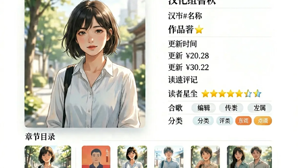 jm天堂漫画作品详情页截图，展示汉化组标注、更新记录与读者评分区域